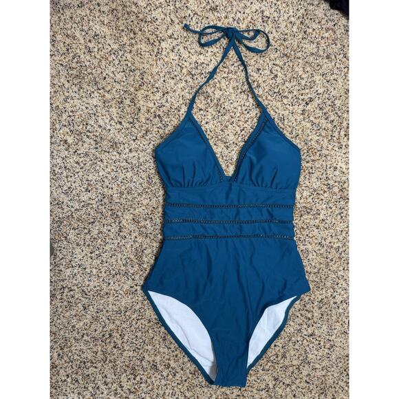 Tempt Me Womens Teal Blue Deep V Halter One-Piece Swimsuit Lace Cutout Detail M - Picture 2 of 9